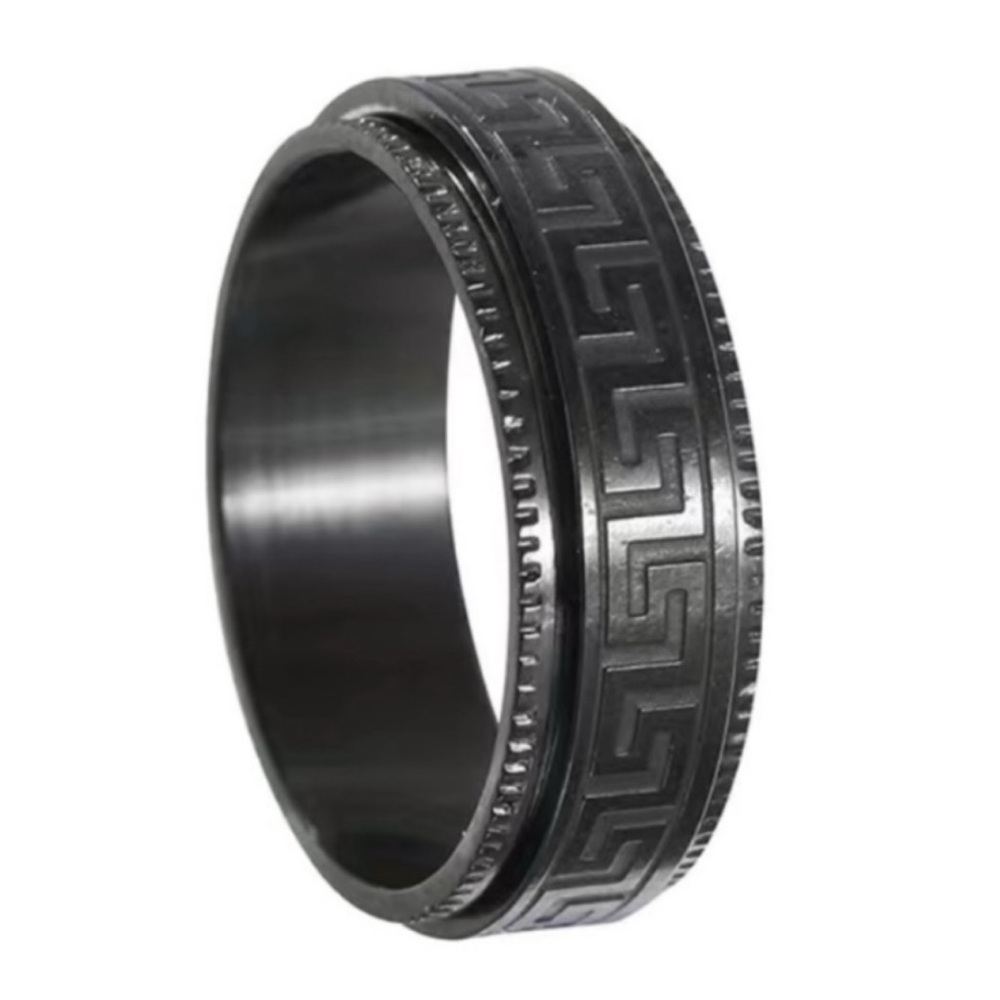 Black Greek Key Spinner Ring - Stainless Steel Fidget Band Textured Edge